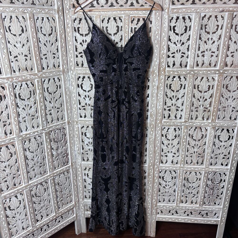 Betsy & Adam Womens 6 Black Silver Sheath Evening Gown Dress Black Silver V-Neck